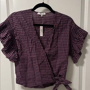 Madewell Cranberry and Navy Checkered Wrap Blouse